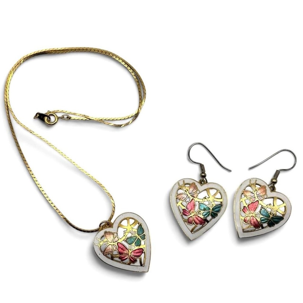 Vintage Cloisonné White Heart Butterfly Floral Dangle Drop Earrings and Necklace